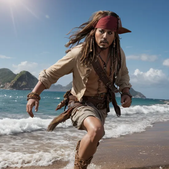Jack Sparrow sprinting to the ocean, day light, , very realistic, ultra detailed, 8k, cinematic shot,