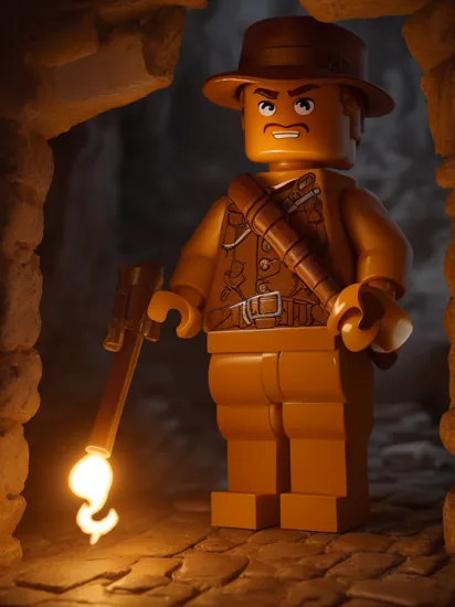 LEGO MiniFig, Indiana Jones with a torch in an ancient tample , masterpiece, high detail, 8k, high detailed skin, 8k uhd, high quality