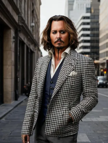 Johnny Depp, Classically styled man @JohnnyDepp, slick hair, vintage houndstooth jacket, poised and polished, architectural backdrop suggesting a refined setting, natural lighting casts a soft glow, an air of nostalgia and time-honored fashion sense encapsulated in a modern setting.