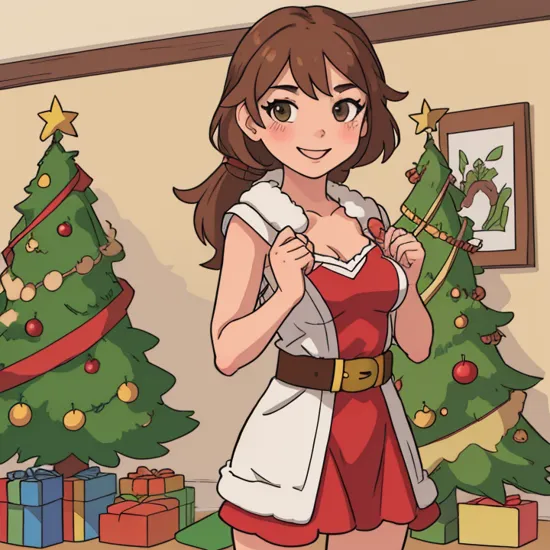 , jasmine \(pokemon\), standing in a house, christmas tree, (best quality:1), Highres, Extremely Detailed, (cute face), brown hair, detailed hands, detailed face, smiling, looking at camera, (cleavage:1), ((masterpiece)), trending on pixiv, beautiful scenery, intricate details
 , sntdrs, red santa dress, belt, fur, short dress