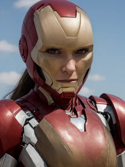 face closeup, (hlh woman:1.0),  as Iron Man, , heavy armor 