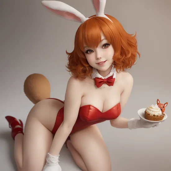 , masterpiece, best quality, (uploaded on e621), (((by pakwan008, by chadthecartoonnut, by avante92))), vanilla the rabbit, 1girl, solo, breasts, looking at viewer, smile, simple background, gloves, bow, holding, bare shoulders, closed mouth, tail, full body, one eye closed, food, white gloves, bowtie, red bow, high heels, leotard, cup, bare legs, rabbit girl, kneeling, strapless, makeup, fruit, highleg, playboy bunny, happy, red footwear, rabbit tail, red bowtie, furry, highleg leotard, eyeshadow, strapless leotard, ice cream, body fur, red leotard, cherry, rabbit ears, animal nose, brown eyes, animal ears, furry female, sonic the hedgehog \(series\), orange hair