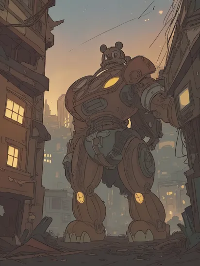 (abandoned:1.3),  (wrecked:1.2), (damaged:1.1) giant mickey mouse robot, ((best quality)), ((masterpiece)), soft light, hdr, intricate, highly detailed, sharp focus, insane details, intricate details, low contrast, soft light,   city alley, night