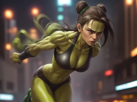 cinematic film still shapely contours (she-hulk), braided bun, she runs through an urban street with determination, her athletic and speedy form captured in a long exposure shot, the neon lights of the city creating a dynamic and vibrant backdrop, (by masamune shirow), (highly detailed face), highly detailed sparkling green skin, sharp focus, godrays  . shallow depth of field, vignette, highly detailed, high budget Hollywood movie, bokeh, cinemascope, moody, epic, gorgeous, film grain, grainy