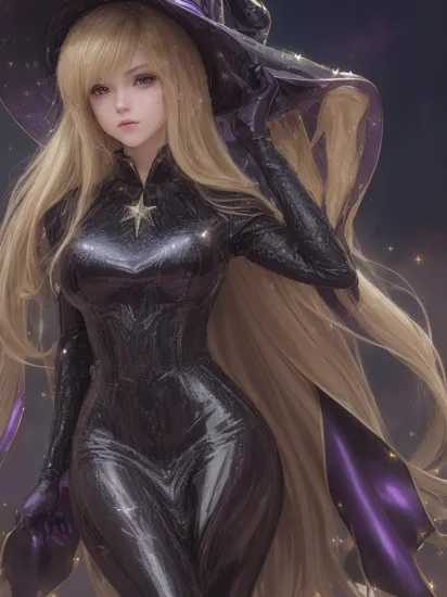 professional detailed photo, (samus aran:1.2) dressed in (latex (witch dress, witch hat:1.2), (long straight blonde hair), (jewelry, low neck dress purple dress, witch hat, star brooch, wide sleeves, black tights), (perfect face, beautiful face, symmetric face), (shiny glossy translucent clothing, gleaming oily latex fabric :1.1), (sparkles, sparkling hair, sparkling clothes, sparkles around face:1.3),
8k, RAW photo, photo-realistic, masterpiece, best quality, absurdres, incredibly absurdres, huge filesize, extremely detailed, High quality texture, physically-based rendering, Ray tracing,