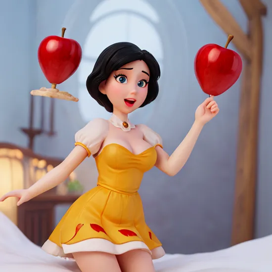 Snow White disney movie ,disney artwork,  upper body, detailed face, beautiful , looking at viewer, open_mouth, porn, nsfw, boobs full displayed , petite figure, small boobs, small tits [boobs size : 0.2], detailed eyes, black hair, holding red apple, yellow dress