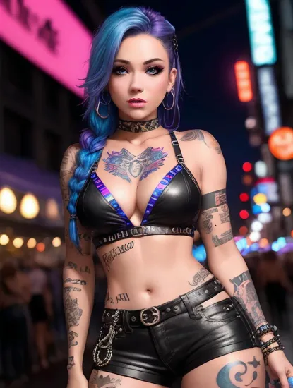 Rebellious cyber siren @Shannon, electric blue and purple hair in a loose braid, ((tattoos that hint at her wild spirit)) visible on her toned arms. She's dressed in a modern, black crop top and leather pants adorned with straps and buckles, a picture of urban chic. Her environment is alive with vibrant neon lights and bokeh effects, ((a festival of city nightlife)), her relaxed posture and dreamy expression basking in the colorful glow of the nocturnal revelry.