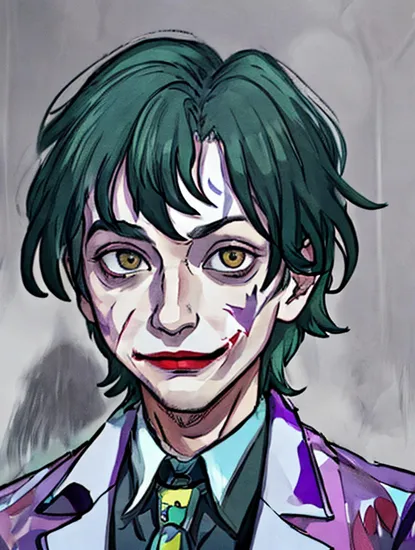 upper body,((glossy eyes)),(masterpiece, best quality:1.4)best quality, high detail, (detailed face), detailed eyes, (beautiful, aesthetic, perfect, delicate, intricate:1.0), joker painting of a man with green hair and a yellow jacket, digital art by Nicholas Marsicano, reddit, digital art, portrait of joker, portrait of the joker, portrait of a joker, the joker, joker, from joker (2019), #1 digital painting of all time, # 1 digital painting of all time, film still of the joker,