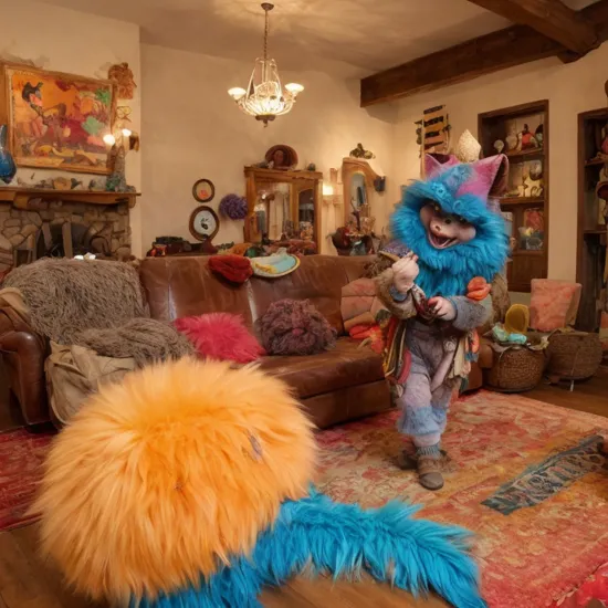 a small,colorful, fuzzy, fluffy fur,,cute,excited, fantz creature, dressed like Indiana Jones inside an extremely nice living room, party setting, many people in the background ((Excited face: 1.2))   