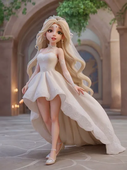 woman, , rapunzel, (long hair:1.4), (very long hair:1.45), (absurdly long hair:1.5), blonde hair, smile, shy smile, high heels, earring, collar, (white dress:1.5), (wedding crown:1.2), (wedding dress:1.5), (bridal dress:1.2), (flower:1.2), (wedding party:1.2), from behind,, (masterpiece, high quality, best quality:1.3), (photorealism:1.3), (dynamic shadows, dynamic lighting:1.2), (natural skin texture:1.5), (natural lips, detailed lips:1.3), (natural shadows, detailed shadows:1.5), (hyperrealism, soft light, sharp), (hdr, hyperdetailed:1), (intricate details:0.8), detailed eyes, detailed hair, detailed skin, 8k, (cinematic look:1.4), insane details, intricate details, hyperdetailed, low contrast, soft cinematic light, exposure blend, hdr, faded, slate gray atmosphere, (everything Detailed), , , , , anyataylorj0yy