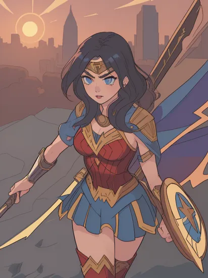 A stunning digital painting of (4nj0lie:1.5),masterpiece, best quality, high detailed, (As Wonder Woman in DC Comics, donning her iconic red, blue, and gold armor, wielding the Lasso of Truth, standing tall in a heroic pose, set against a city skyline or battlefield, vivid colors, high-resolution, 8k quality, masterful artwork, true to the DC universe, empowering and inspiring illustration.:1.5),(in the style of Kekai Kotaki:1.3),(A pair of bold, retro-inspired sunglasses that shield her eyes from the sun while simultaneously adding a touch of glamour to her overall look.:1.6),epic fantasy character art, concept art, fantasy art, a character portrait, fantasy art, vibrant high contrast,trending on ArtStation, dramatic lighting, ambient occlusion, volumetric lighting, emotional, Deviant-art, hyper detailed illustration, 8k, gorgeous lighting, ,vamptech ,rifle, android,