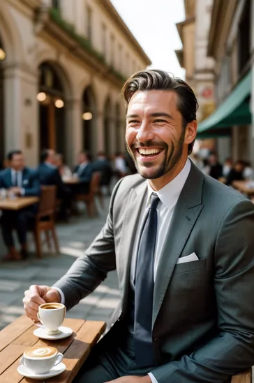 Joyful man @model, beaming smile, holding an espresso, outdoor cafe setting, sunlight dappling through, casual suit attire suggests a blend of business and leisure, candid moment of laughter, the blurred backdrop of the historic building adds a sense of place and authenticity.