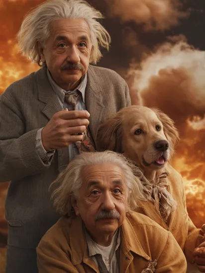 Albert Einstein  and his pet  hypernuke in FWATCH STYLE, colour grading, (Albert Einstein with hypernuke hair), SD2VrayRender, PhotoHelper, SD2CINEMA768-DIGITAL