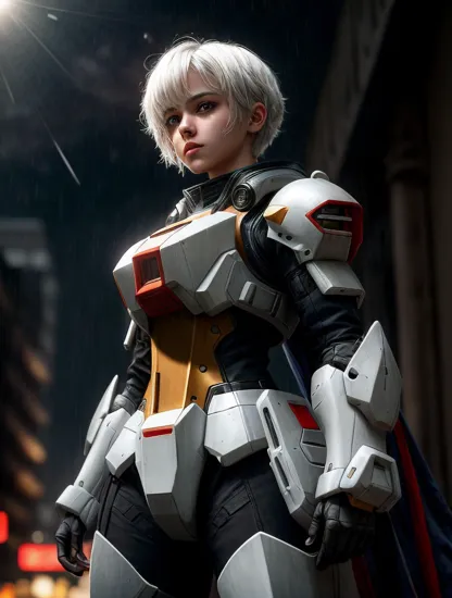 girl wearing gundam armor, her short white hair is blowing in the wind, its a dark rainy night, shes stands there all alone, trending on artstation, extreme details, cinematic, masterpiece, photography, stunning environment, shiny, smooth, surreal, divine, celestial, manga, anime, lens flare, atmosphere, glow, detailed, intricate, full of colour, cinematic lighting, trending on artstation, 4 k, hyperrealistic, focused, extreme details, unreal engine 5, cinematic, masterpiece, lumen reflections, photography, stunning environment, Hyperrealism