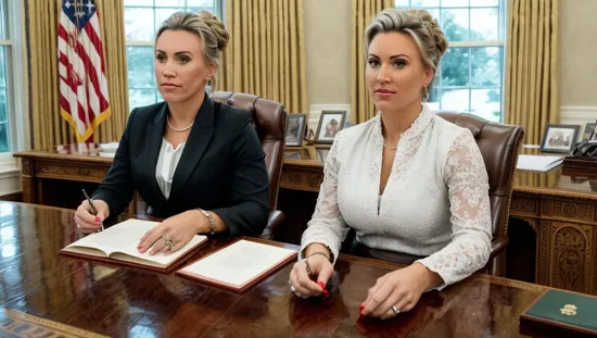 @Laura is the president of the United States. sitting in the oval office at her desk. Her hair is pulled up tight in a bun.