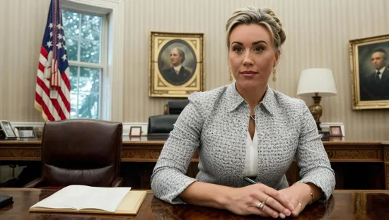 @Laura is the president of the United States. sitting in the oval office at her desk. Her hair is pulled up tight in a bun.