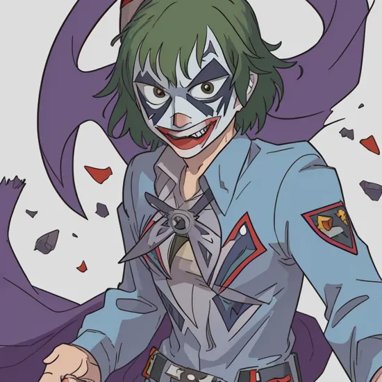 highres, 8k, absurdres, solo, (Joker:1.4), a villian from the batman film series, realistic, intense close-up, green hair, why so serious, batman joker, 1boy, cosplay,  solo, from above, (Ultraman_Rise:1.75), (clenched hand:1.4), simple background, space, looking at viewer, upper body, flying,
((tokusatsu)),  
 ,