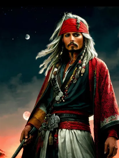 Johnny Depp, Lone samurai @JohnnyDepp, ((silver hair)), backlit by a blood-red moon, wearing a robe adorned with ominous patterns, a somber yet noble bearing, standing in a field suggestive of a past or forthcoming battle.