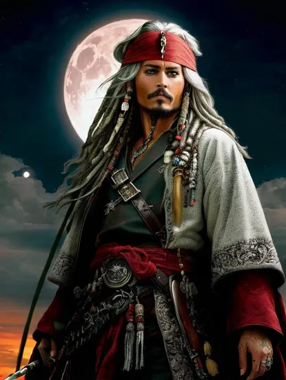 Johnny Depp, Lone samurai @JohnnyDepp, ((silver hair)), backlit by a blood-red moon, wearing a robe adorned with ominous patterns, a somber yet noble bearing, standing in a field suggestive of a past or forthcoming battle.