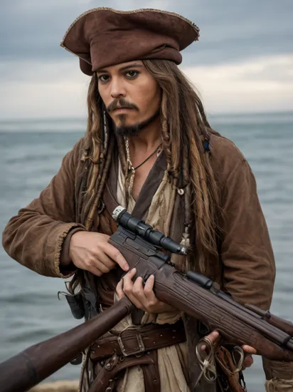 masterpiece, high quality, absurdres, best quality, beautiful lighting, real life, jack sparrow, solo, long hair, brown hair, long sleeves, 1boy, hat, weapon, male focus, outdoors, gun, facial hair, ocean, rope, rifle, beard, watercraft , intricate, high detail, sharp focus, dramatic, beautiful girl , caustics, subsurface scattering, reflections,  ,   
