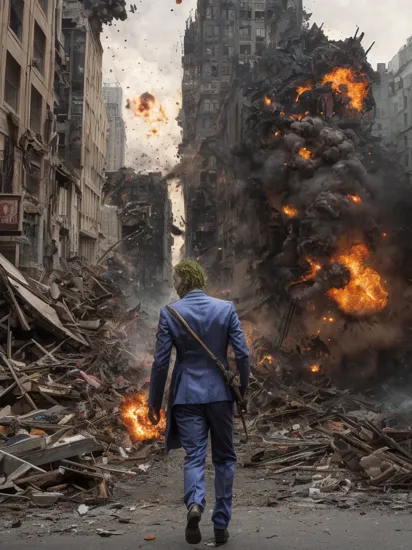 fantchar, the joker walking away from an exploding building, realistic, highly detailed, intricate