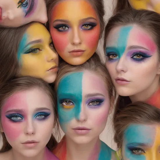 a conceptual art picture of a face with other faces, colorful makeup, symmetrical, Someone