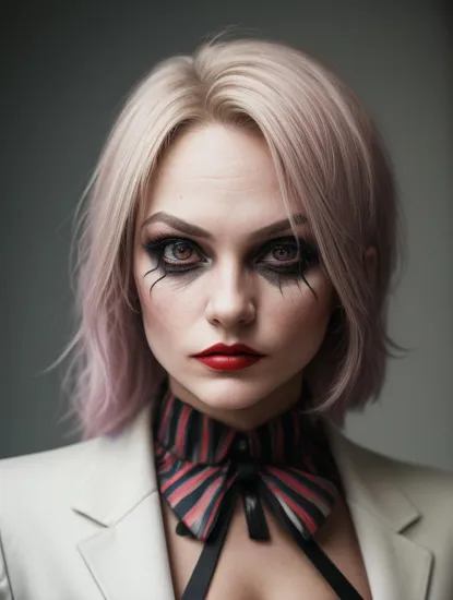sks woman, (kristina:1)  dressed like (The Joker:1) with (serious look:1.5) with multicolor hair looking to the camera,   <lyco:locon_perfecteyes_v1_from_v1_64_32:0.5> 