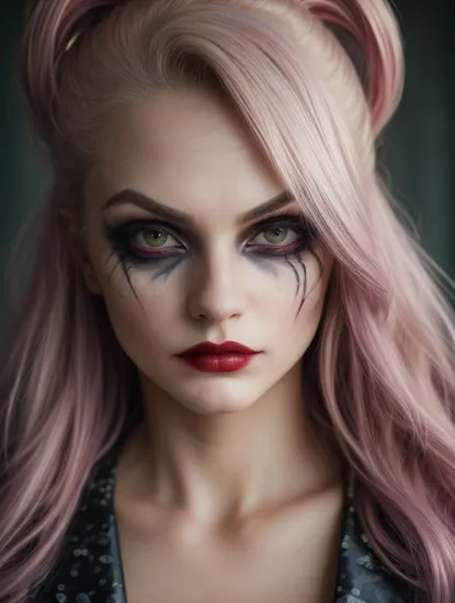 sks woman, (kristina:1)  dressed like (The Joker:1) with (serious look:1.5) with multicolor hair looking to the camera,   <lyco:locon_perfecteyes_v1_from_v1_64_32:0.5> 
