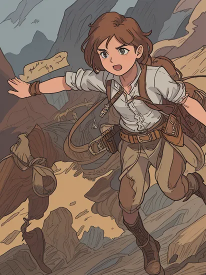  AdrianaCallori, solo, half shot, detailed background, detailed face, (indiana jones theme:1.1), explorer, running, dynamic movement, brave, frayed leather clothes, shirt, belt, parchment scroll, (abandoned:0.7) mountains background, mold, shadows, occult, foreboding atmosphere,