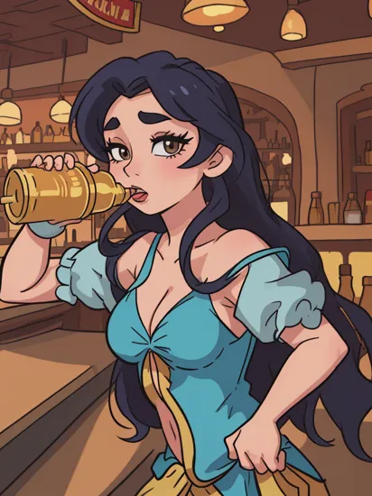 modelshoot style, (extremely detailed 8k wallpaper), a medium shot photo of a Disney princesses Jasmine (from Aladdin), in a bar, drinking beer., Intricate, High Detail, dramatic