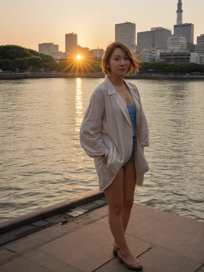 Woman 22 yo, white hairs, full body shot, analog photo, in Tokyo river, sunset, golden hour, , street photography,