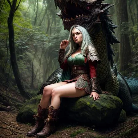 A woman sitting on a rock next to a dragon in the woods with her head turned to the side, Clint Cearley, epic fantasy character art, a character portrait, fantasy art, RAW candid cinema, 16mm, color graded portra 400 film, remarkable color, ultra realistic, textured skin, remarkable detailed pupils, realistic dull skin noise, visible skin detail, skin fuzz, dry skin, shot with cinematic camera, RAW candid cinema, 16mm, color graded portra 400 film, remarkable color, ultra realistic, textured skin, remarkable detailed pupils, realistic dull skin noise, visible skin detail, skin fuzz, dry skin, shot with cinematic camera