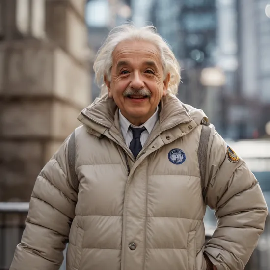 photo of the albert einstein in white puffer jacket, (laughing:0.7), posing, look at a camera,  complex city background, backlit, (cinematic:1.5), epic realistic, hyperdetailed, insane details, intricate details, accent lighting, soft volumetric light, bokeh, (dramatic light:1.2), (neutral colors:1.3), cross process, full body shot, fullbodyshot