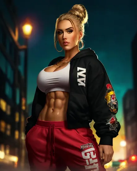 @Laura MONSTER TUESDAY. 1990's gangster rapper. Hip-hop. Baggy sweatpants. Baggy Hoodie. Red bandana. Long blonde golden hair in a bun. Big booty. Big boobs. Flat sixpack abs. In the streets at night. MONSTER TUESDAY. FIGHTING MONSTERS.