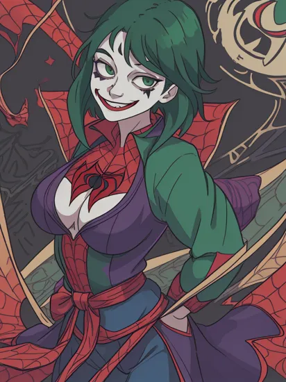 (joker) as (spider man), 1girl, long green hair, large breast, official art, unity 8k wallpaper, ultra detailed, aesthetic, masterpiece, best quality, photorealistic, dark theme   crazy smile, waist up