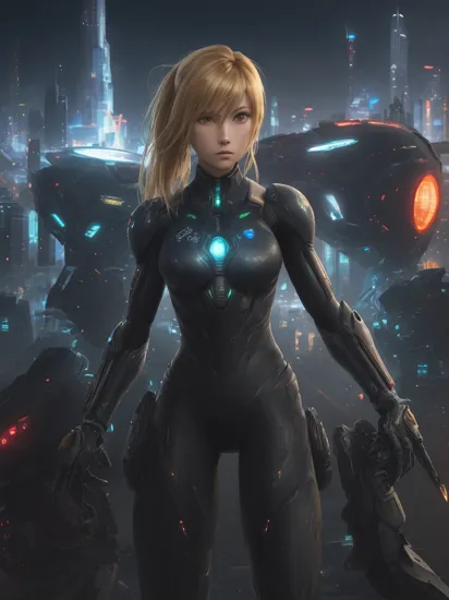 raw photo of samus aran lost in the music at a dystopian-themed techno festival, very sexy, futuristic cityscape as the backdrop, drones capturing the event. Mysterious, complex, layered, intriguing, thought-provoking. Art reminiscent of Tetsuya Nomura and Yoshitaka Amano. Ultra-high resolution, detailed CG unity 8K wallpaper, holographic elements, intricate costume detailing, sharp focus    