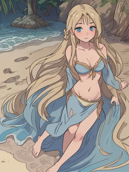 Hyperrealistic art woman, (beach:1.2), , rapunzel, barefoot, (very long hair:1.4), (absurdly long hair:1.5), blonde hair, (blue bikini:1.1), barefoot, (closed mouth:1.3),, (masterpiece,High quality,best quality:1.4),sharp focus,(intricate, detailed:1.3),(Cinematic lighting),(detailed scenery, epic scenery),(official style, official art, official wallpaper,) . Extremely high-resolution details, photographic, realism pushed to extreme, fine texture, incredibly lifelike