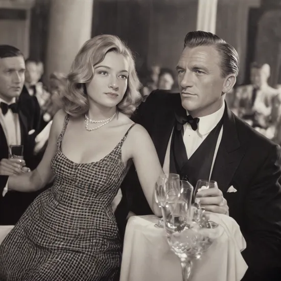 black and white, (vintage:1.1), old grain, film photo, confident man, masculine man, black tuxedo, with blonde feminine woman wearing a dress, at party, (many people:1.1), scotch in hand, old photo, professional, black and white old photo, classy, james bond, (style of Germaine Krull:1.3),