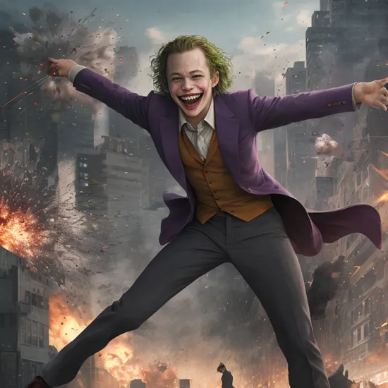 heath ledger playing the joker, laughing gleefully, city explosions in the background, photography,  Explosion Artstyle, cinematic, civilians fleeing in terror