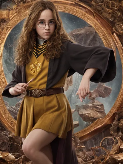  crystalz Copper (style-swirlmagic:0.8), portrait, looking down, solo, (full body:0.6), detailed background, detailed face, (, magic_circle, Rune_Magic theme:1.1), hogwarts 80%student, smiling, adventurous, (hufflepuff uniform:1.1), magical amulet, glasses,   dynamic pose,   magical forest in background, cinematic atmosphere,  dim lighting, **(harry potter, hermione granger:1.1),**, , (Masterpiece:1.3) (best quality:1.2) (high quality:1.1)