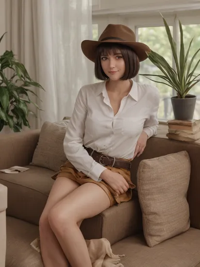 (masterpiece, best quality, detailed), 1girl, solo, looking at viewer, ougioshino, short hair, bangs, black hair, hair between eyes, black eyes, bob cut, pale skin, empty eyes,
fedora, brown headwear, brown pants, black belt, cowboy hat, brown jacket, leather jacket, indiana jones, white shirt, satchel, indoors, couch, pillow, window, curtains, potted plant, lying, on side, head rest, smirk, smile, parted lips