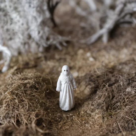 Miniature diorama macro photography,simple, a ghostly apparition appearing in photos, , ,  sdxl horror style