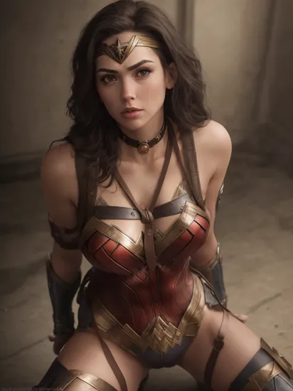photograph, detailed realistic fit wonder woman wearing thick steel collar around neck, up down pov, sitting on her knees, kneeling, wonder woman cosplay, wonder woman bondage, realistic, art, beautiful, 4K, collar, choker, collar around neck, punk, detailed, female, woman, choker, cyberpunk, neon, punk, collar, choker, collar around neck, thick collar, tight around neck, punk, headshot, detailed