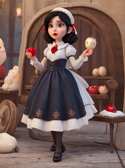 Snow White, Snow White's traditional costume features, broken mirror, poisoned apple, master portrait, caffeine outbreak, evil cynical expression, cold tone of voice, horror atmosphere retained,black hair , red ribbon ,