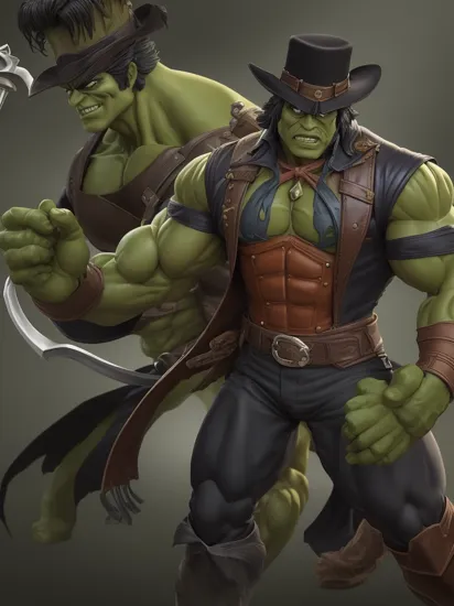 Hulk-Zorro: Merging The Hulk and Zorro, this figure smashes with gamma-powered fury:0.4 while showcasing swashbuckling finesse:0.4. , awe_toys