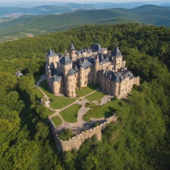 best quality,masterpiece,highly detailed,ultra-detailed,   mountainous horizon, european castle on top of mountain,  ,, from Drone Photography , aerial perspectives, stunning vistas, unique angles, breathtaking landscapes, high-definition images, bird's-eye view, creative possibilities, cinematic shots, architectural details,
