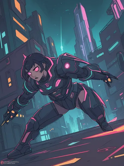 <lyco:jasmine sam-v2.0:1>  artstyle, sketch, color, Cyberpunk Style, Aggressive Stance, Fierce Expression, Asymmetrical Composition, Energy Blade, Leaping, Reflective Material, Neon Glow Texture, High-Contrast Color Scheme, Futuristic Cityscape, Bird's Eye Perspective, Glowing Light Sources, Dystopian Atmosphere, Saturated Shadows, Sci-Fi Elements