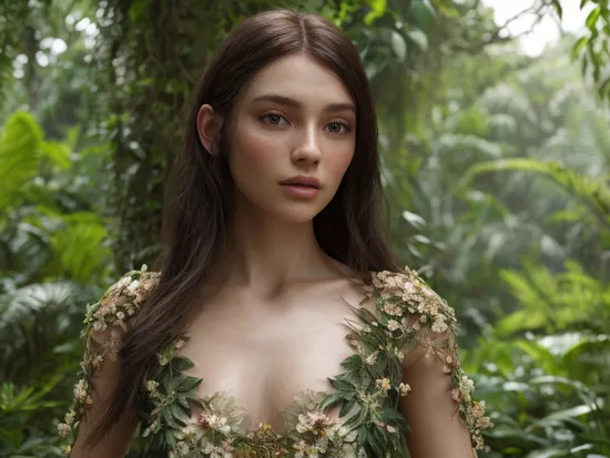 fashion photography portrait of european human avatar, in black lush jungle with flowers and birds, 3d render, cgi, symetrical, octane render, 35mm, bokeh, 9:16, (intricate details:1.12), hdr, (intricate details, hyperdetailed:1.15), (natural skin texture, hyperrealism, soft light, sharp:1.2)