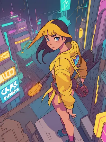 1girl 
pocahontas \(disney\),  
cyborg
yellow clothe
color of the wind
digital cityscape, neon lights, 
perspective from above
shadow
cyberpunk \(series\), 
anime, cartoon
lineart, 
gradient
(by James Gilleard)