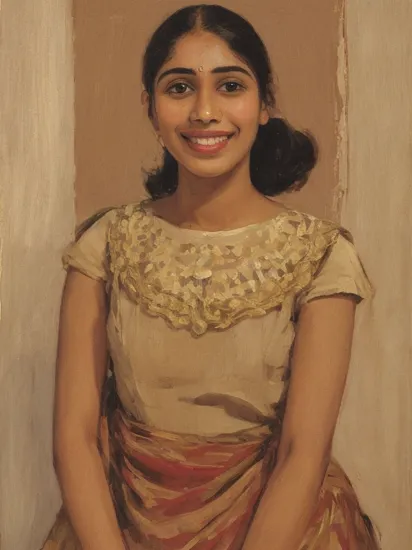 stunning beautiful fair Indian girl, 25 years, smiling, style of Euan Uglow